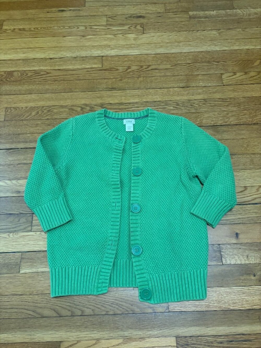 LL Bean Womens Cardigan Sweater Size Medium Green 100% Cotton Button Up Waffle